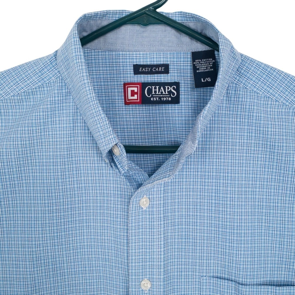 Chaps Mens Large Blue Plaid Button Down Shirt Short Sleeve Easy Care